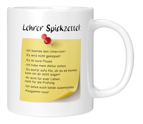 TassenTicker - Tasse für Lehrer, Lehrerin - Spickzettel - lustige Kaffeetasse als Geschenk verschenken - Schule - Witzig - Geschenkidee - Schüler - weiss von TassenTicker