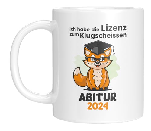 TASSENTICKER - Tasse mit Spruch - Abi 2024 - Geschenk zum Abitur - Abitur 2024 - Ich habe die Lizenz zum Klugscheissen - Geschenkidee - Abschluss - für Mädchen & Jungen - Fuchs - Weiss von TASSENTICKER