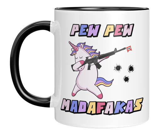 TassenTicker - Tasse mit Spruch - Pew Pew Madafakas - schießendes böses Einhorn - Kaffeetasse - beidseitig Bedruckt - Geschenk (Schwarz) von TassenTicker