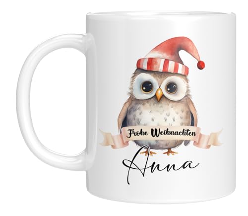 TASSENTICKER - Tasse zu Weihnachten - Weihnachtstasse - Personalisiert mit Namen - Kaffeetasse für jungen und Mädchen - Frohe Weihnachten - Weihnachts-Deko (Eule) von TASSENTICKER