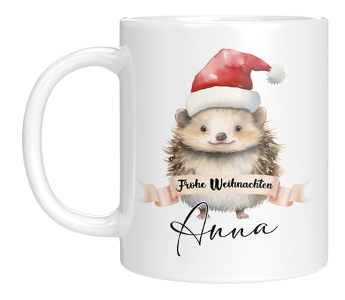 TassenTicker - Tasse zu Weihnachten - Weihnachtstasse - Personalisiert mit Namen - Kaffeetasse für jungen und Mädchen - Frohe Weihnachten - Weihnachts-Deko (Igel) von TassenTicker