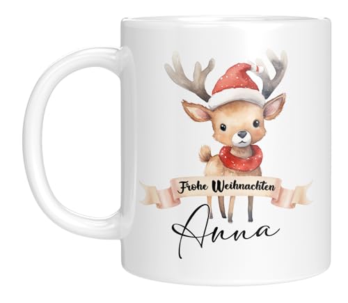 TassenTicker - Tasse zu Weihnachten - Weihnachtstasse - Personalisiert mit Namen - Kaffeetasse für jungen und Mädchen - Frohe Weihnachten - Weihnachts-Deko (Reh) von TassenTicker