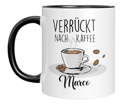 TASSENTICKER - Verrückt nach Kaffee - Tasse personalisiert mit Namen - Kaffeetasse mit Spruch - lustige Geschenkidee - Kaffeeliebhaber - Geburtstagsgeschenk (Schwarz) von TassenTicker