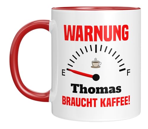 TASSENTICKER - Warnung, braucht Kaffee - Personalisiert - Geschenk - Tasse mit Spruch - Geburtstagsgeschenk - Geburtstag (Rot) von TASSENTICKER