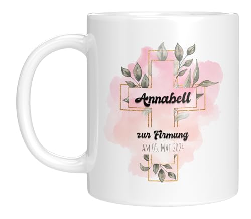 TassenTicker - personalisierte Tasse - Christliche Geschenk zur Firmung - Mädchen - Jungen - Kreuz - Glückwunsch - Wunschtext (Weiss, Firmung) von TassenTicker