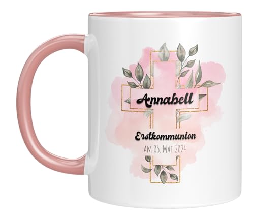 TassenTicker - personalisierte Tasse - Christliche Geschenk zur Kommunion - Mädchen - Jungen - Kreuz - Glückwunsch - Wunschtext - Erstkommunion - Kirche (Rosa, Kommunion) von TassenTicker