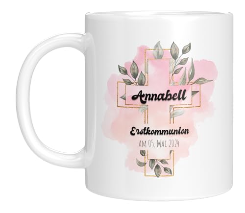 TassenTicker - personalisierte Tasse - Christliche Geschenk zur Kommunion - Mädchen - Jungen - Kreuz - Glückwunsch - Wunschtext - Erstkommunion - Kirche (Weiss, Kommunion) von TassenTicker