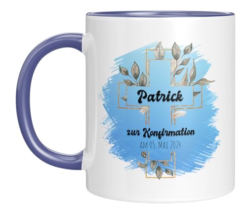 TassenTicker - personalisierte Tasse - Christliche Geschenk zur Konfirmation- Mädchen - Jungen - Kreuz - Glückwunsch - Wunschtext - konfirmationsgeschenk (Blau, Konfirmation) von TassenTicker