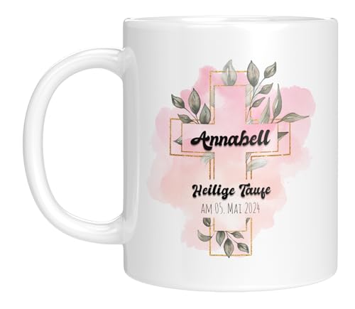 TassenTicker - personalisierte Tasse - Christliche Geschenk zur Taufe - Mädchen - Jungen - Kreuz - Taufkind - Glückwunsch - Wunschtext (Weiss, Taufe) von TassenTicker