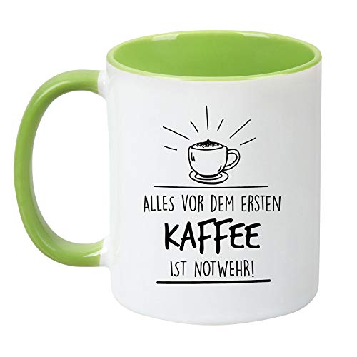 TassenTicker® "Alles vor dem ersten Kaffee ist Notwehr! - beidseitig Bedruckt - Kaffeetasse - Arbeit - Büro - Geschenkidee (hellgrün) von TASSENTICKER