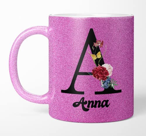 TassenTicker Glitzer Namens-Tasse mit Ihrem Anfangsbuchstaben und Namen - Kaffeetasse - Glitzer - personalisiert - Geburtstag - Kaffeebecher geschenke für Frauen - beidseitig bedruckt (Lila) von TassenTicker