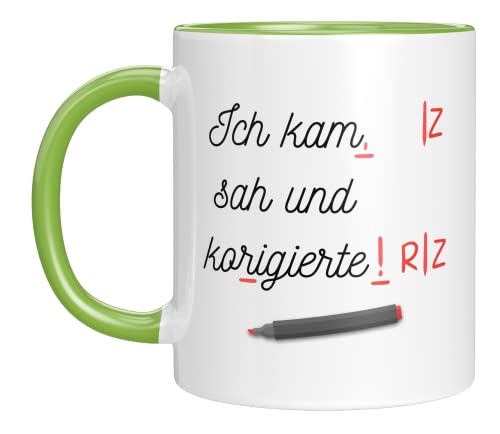 TASSENTICKER -Tasse mit Spruch Ich kam, sah und korrigierte Kaffeetassen als Geschenke für Lehrerin Lehrergeschenk lustige Geschenke für Männer Geschenke für Frauen Tasse grün von TASSENTICKER