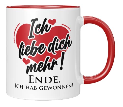 TassenTicker - Tasse mit Spruch - Ich liebe dich mehr - Geschenk für die Freundin, Freund - Valentinstag - Jahrestag - Weihnachten - Ehe (Rot) von TassenTicker