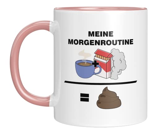 TassenTicker Tasse mit Spruch lustig - Meine Morgenroutine, Kaffee Kippe kacken - Geschenke für Mann - Arbeit - Büro Kaffeebecher - beidseitig bedruckt (Rosa) von TassenTicker