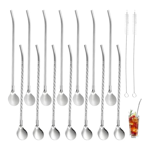 14PCS Edelstahl Trinkhalm Löffels, Wiederverwendbare Metallstrohhalm Latte Macchiato Löffels mit Strohhalm 2 in 1 Strohhalm & Löffel Mit 2 Reinigungsbürsten zum Trinken Milchshake Shakes Cocktails 14PCS Edelstahl Trinkhalm Löffels, Wiederverwendbare Metallstrohhalm Latte Macchiato Löffels mit Strohhalm 2 in 1 Strohhalm & Löffel Mit 2 Reinigungsbürsten zum Trinken Milchshake Shakes Cocktails von TASSFROO