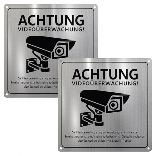 2 Stück Achtung Videoüberwachung Schild, 15 x 15 cm Aufkleber Videoüberwachung Kamera Überwachung Schild Selbstklebend Aluminium Achtung VideoüBerwachung Schild 4 Bohrlöcher für Innen und Außenbereich von TASSFROO