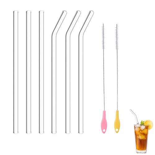 6 Stück Glasstrohhalme Wiederverwendbar, 20CM 3 Gebogene Strohhalme Glas und 3 Gerade Glas Strohhalme mit 2 Reinigungsbürsten Spülmaschinenfest Explosionsgeschützt für Bubble Tea Cocktail Säfte Slush von TASSFROO