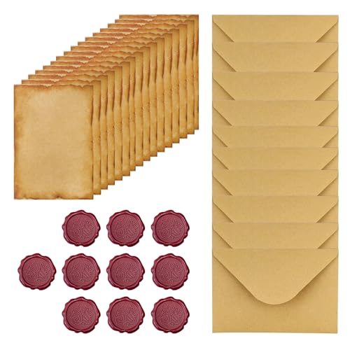 Vintage Briefpapier mit Umschlag Set, Kraftpapier Briefumschläge mit 16 A5 Altes Papier 10 Vintage-Papier Umschläge10 Wachssiegel-Aufkleber für Hochzeits Einladung Grußkarten von TASSFROO