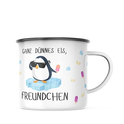 Emaille Tasse Ganz dünnes Eis - Pinguin Motiv - 300 Milliliter Kapazität, Spülmaschinenfest, lustiges Geschenk für Familie, Partner und Freunde - Für jeden Anlass von TASSen NeRD