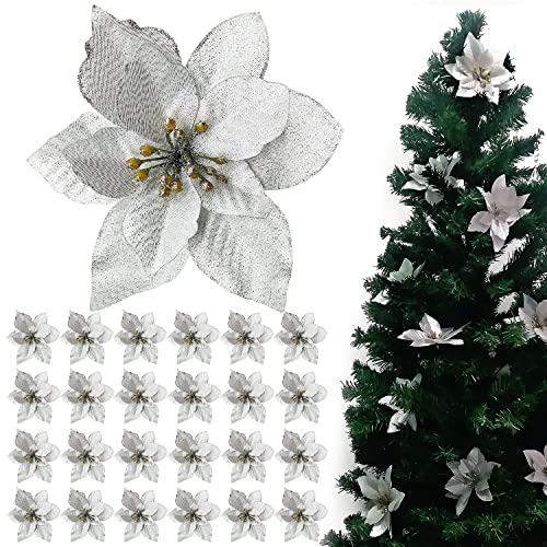 TATAFUN 24 Stücke Weihnachten Glitzer Weihnachtsstern Künstliche Blumen, Weihnachtsbaumschmuck, Hochzeit Dekorationen (Silber) von TATAFUN