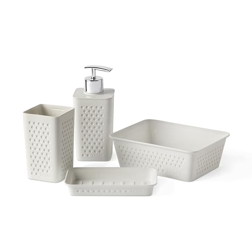 TATAY Badezimmer Zubehör Set 4-teilig (Zahnputzbecher + Seifenspender + Seifenschale + Organizer A6) Bohol, Polypropylen, BPA frei, 100% Recycelter Kunststoff, Weiß von TATAY