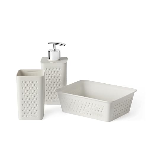 TATAY Badezimmer Zubehör Set 3-teilig (Zahnputzbecher + Seifenspender + Organizer A6) Bohol, Polypropylen, BPA frei, 100% Recycelter Kunststoff, Weiß von TATAY