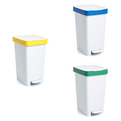 TATAY Mülleimer mit Pedal Smart 25L | 3 Recyclingbehälter: Kunststoff, Papier & Glas | Kompakt & Funktional | Innen & Außen | Für 30L Beutel | BPA-freier recycelter Kunststoff von TATAY