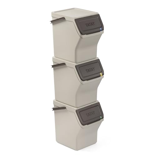 TATAY Mülltrennsystem Easy Waste 20L | 3er Set Recycling Behälter | Modular und Stapelbar | Deckel mit Klicksystem | Integrierter Tragegriff | Aus Recyceltem Material | 35x27x36 cm – Ecohome von TATAY