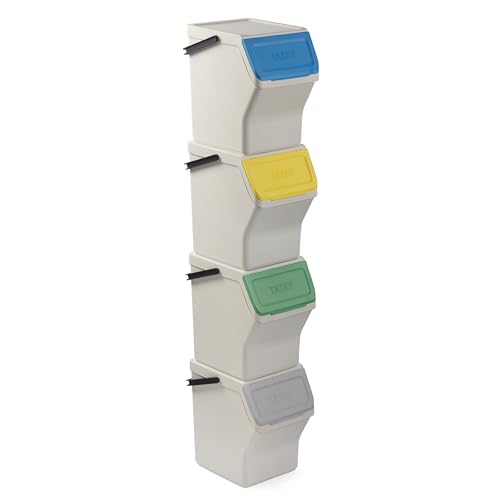 TATAY Mülltrennsystem Easy Waste 20L | 4er Set Recycling Behälter | Modular und Stapelbar | Deckel mit Klicksystem | Integrierter Tragegriff | Aus Recyceltem Material | 35x27x36 cm – Weiß von TATAY