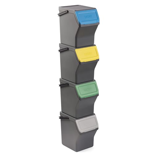 TATAY Mülltrennsystem Easy Waste 20L | 4er Set Recycling Behälter | Modular und Stapelbar | Deckel mit Klicksystem | Integrierter Tragegriff | Aus Recyceltem Material | 35x27x36 cm – Grau von TATAY