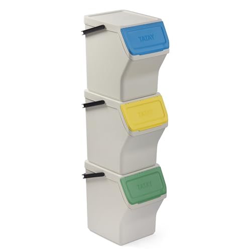 TATAY Mülltrennsystem Easy Waste 20L | 3er Set Recycling Behälter | Modular und Stapelbar | Deckel mit Klicksystem | Integrierter Tragegriff | Aus Recyceltem Material | 35x27x36 cm – Weiß von TATAY