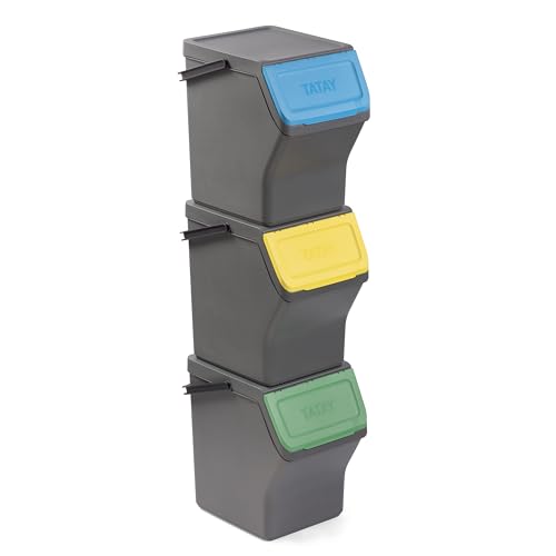 TATAY Mülltrennsystem Easy Waste 20L | 3er Set Recycling Behälter | Modular und Stapelbar | Deckel mit Klicksystem | Integrierter Tragegriff | Aus Recyceltem Material | 35x27x36 cm – Grau von TATAY