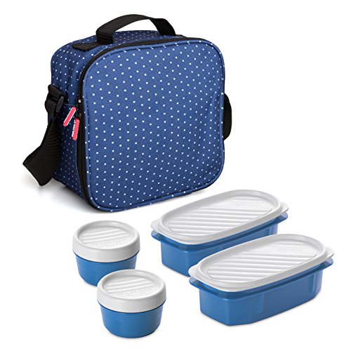 Tatay Kühltasche Klein, 3L Kapazität, 4 Kunststoff Frischaltendosen (2 x 0,5 l, 2 x 0,2 l) BPA frei, Blau mit Punkten. Messen 22,5 x 10 x 22 cm von TATAY