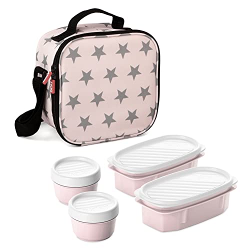 Tatay Kühltasche Klein, 3L Kapazität, 4 Kunststoff Frischaltendosen (2 x 0,5 l, 2 x 0,2 l) BPA frei, Rosa mit Sternen. Messen 22,5 x 10 x 22 cm von TATAY