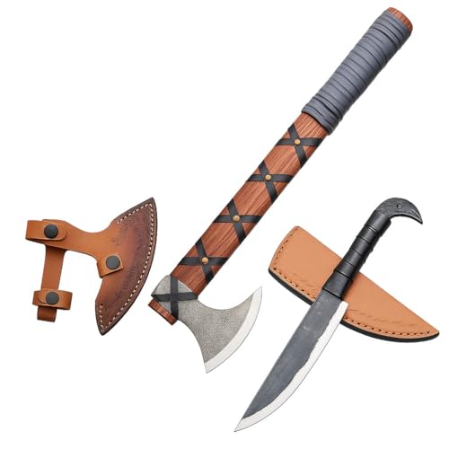 Hand-Forged Viking Axe and Norse Vikings Knife Set | 20" Carbon Steel Axe with Raven-Head Knife with Leather Sheath | Medieval Replica Collectible Gift Set for Men. von TATLA CRAFT