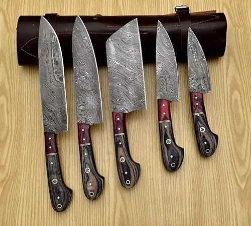 TATLA CRAFT Premium Custom Made Damascus Steel 5 pcs Professional Kitchen Chef Knife Set. 8-20 cm Blades Made of 67 Layers of Genuine Damascus Steel with 5 Pocket Case Chef Knife Roll Bag TATLA CRAFT Premium Custom Made Damascus Steel 5 pcs Professional Kitchen Chef Knife Set. 8-20 cm Blades Made of 67 Layers of Genuine Damascus Steel with 5 Pocket Case Chef Knife Roll Bag von TATLA CRAFT