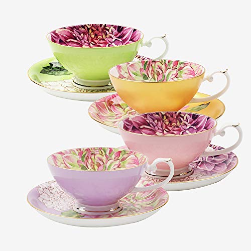 Pulchritudie Teetasse und Untertasse, feines Porzellan, Blumenmuster mit goldenem Rand, 4er-Set von PULCHRITUDIE