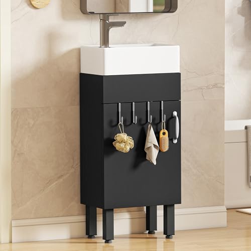 TAUS Badezimmerschrank mit Waschbecken, Waschtischunterschrank für kleine Räume, Stand-Waschtischunterschrank mit Waschbecken und Haken, für Gästebäder, Master-Suiten, Mietwohnungen, Schwarz von TAUS