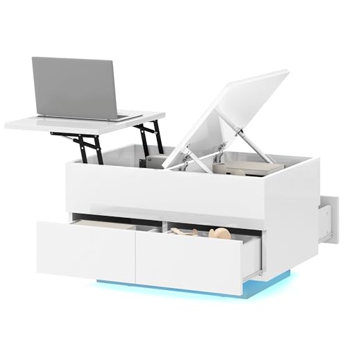 TAUS Couchtisch Höhenverstellbar Wohnzimmertisch Weiß Hochglanz mit Schubladen und verstecktem Stauraum, Modern Wohnzimmer Tisch mit 16-Farbiger LED Beleuchtung für Couch, 80 x 55 x 46 cm TAUS Couchtisch Höhenverstellbar Wohnzimmertisch Weiß Hochglanz mit Schubladen und verstecktem Stauraum, Modern Wohnzimmer Tisch mit 16-Farbiger LED Beleuchtung für Couch, 80 x 55 x 46 cm von TAUS
