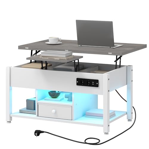 TAUS Couchtisch Höhenverstellbar mit Stauraum, 4-in-1-Multifunktions-Wohnzimmertisch mit Schublade, Versteckter Stauraum, Steckdose, Kaffeetisch Umwandelbar in Esstisch für Wohnzimmer, Weiß und Grau TAUS Couchtisch Höhenverstellbar mit Stauraum, 4-in-1-Multifunktions-Wohnzimmertisch mit Schublade, Versteckter Stauraum, Steckdose, Kaffeetisch Umwandelbar in Esstisch für Wohnzimmer, Weiß und Grau von TAUS