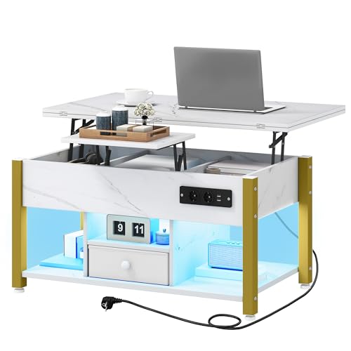 TAUS Couchtisch Höhenverstellbar mit Stauraum, 4-in-1-Multifunktions-Wohnzimmertisch mit Schublade, Versteckter Stauraum, Steckdose, Kaffeetisch Umwandelbar in Esstisch für Wohnzimmer, Weißer Marmor TAUS Couchtisch Höhenverstellbar mit Stauraum, 4-in-1-Multifunktions-Wohnzimmertisch mit Schublade, Versteckter Stauraum, Steckdose, Kaffeetisch Umwandelbar in Esstisch für Wohnzimmer, Weißer Marmor von TAUS