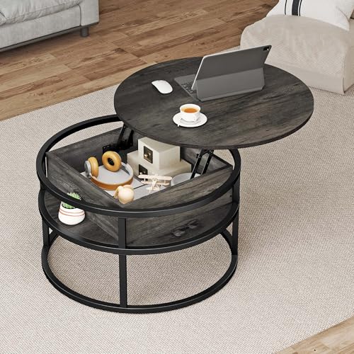 TAUS Couchtisch Rund Höhenverstellbar, Wohnzimmertisch mit Stauraum 80cm Durchmesser, Geeignet für Wohnzimmer, Schlafzimmer, Büro von TAUS