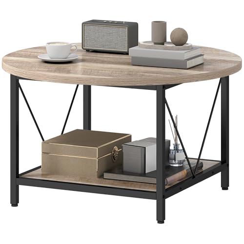 TAUS Couchtisch Rund Wohnzimmertisch aus Holz mit Metallrahmen, Moderner Sofatisch mit Ablage, Industrie-Design, Gewaschene Eiche, 80 x 80 x 46 cm von TAUS