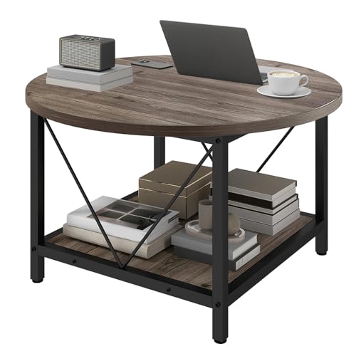 TAUS Couchtisch Rund Wohnzimmertisch aus Holz mit Metallrahmen, Moderner Sofatisch mit Ablage, Industrie-Design, Grau, 80 x 80 x 46 cm von TAUS