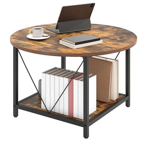 TAUS Couchtisch Rund Wohnzimmertisch aus Holz mit Metallrahmen, Moderner Sofatisch mit Ablage, Industrie-Design, Vintagebraun, 80 x 80 x 46 cm von TAUS