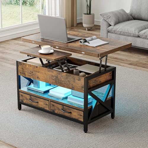 TAUS Couchtisch mit Schublade und LED, 3-in-1-Multifunktions-Wohnzimmertisch Höhenverstellbar mit Versteckter Aufbewahrung, Couchtische Fach Umwandelbar in Esstisch TAUS Couchtisch mit Schublade und LED, 3-in-1-Multifunktions-Wohnzimmertisch Höhenverstellbar mit Versteckter Aufbewahrung, Couchtische Fach Umwandelbar in Esstisch von TAUS