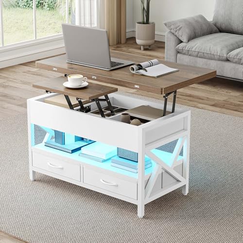 TAUS Couchtisch mit Schublade und LED, 3-in-1-Multifunktions-Wohnzimmertisch Höhenverstellbar mit Versteckter Aufbewahrung, Couchtische Fach Umwandelbar in Esstisch TAUS Couchtisch mit Schublade und LED, 3-in-1-Multifunktions-Wohnzimmertisch Höhenverstellbar mit Versteckter Aufbewahrung, Couchtische Fach Umwandelbar in Esstisch von TAUS
