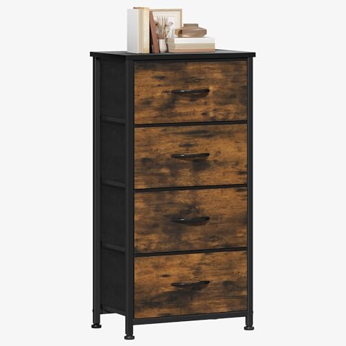 TAUS Kommode mit 4 Schubladen, Stoffschubladen mit leichtgängigem Griff, Holzplatte, stabilem Stahlgestell für Wohnzimmer, Schlafzimmer, rustikales Braun von TAUS