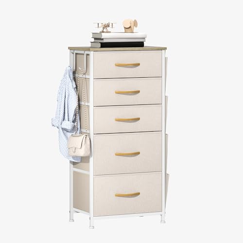 TAUS Kommode mit 5 Schubladen, Stoffschublade mit leichtgängigem Griff, mit Haken, Seitentaschen, Holzplatte, stabilem Stahlrahmen für Wohnzimmer, Schlafzimmer, beige von TAUS