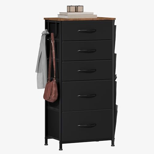 TAUS Kommode mit 5 Schubladen, Stoffschublade mit leichtgängigem Griff, mit Haken, Seitentaschen, Holzplatte, stabilem Stahlrahmen für Wohnzimmer, Schlafzimmer, schwarz von TAUS